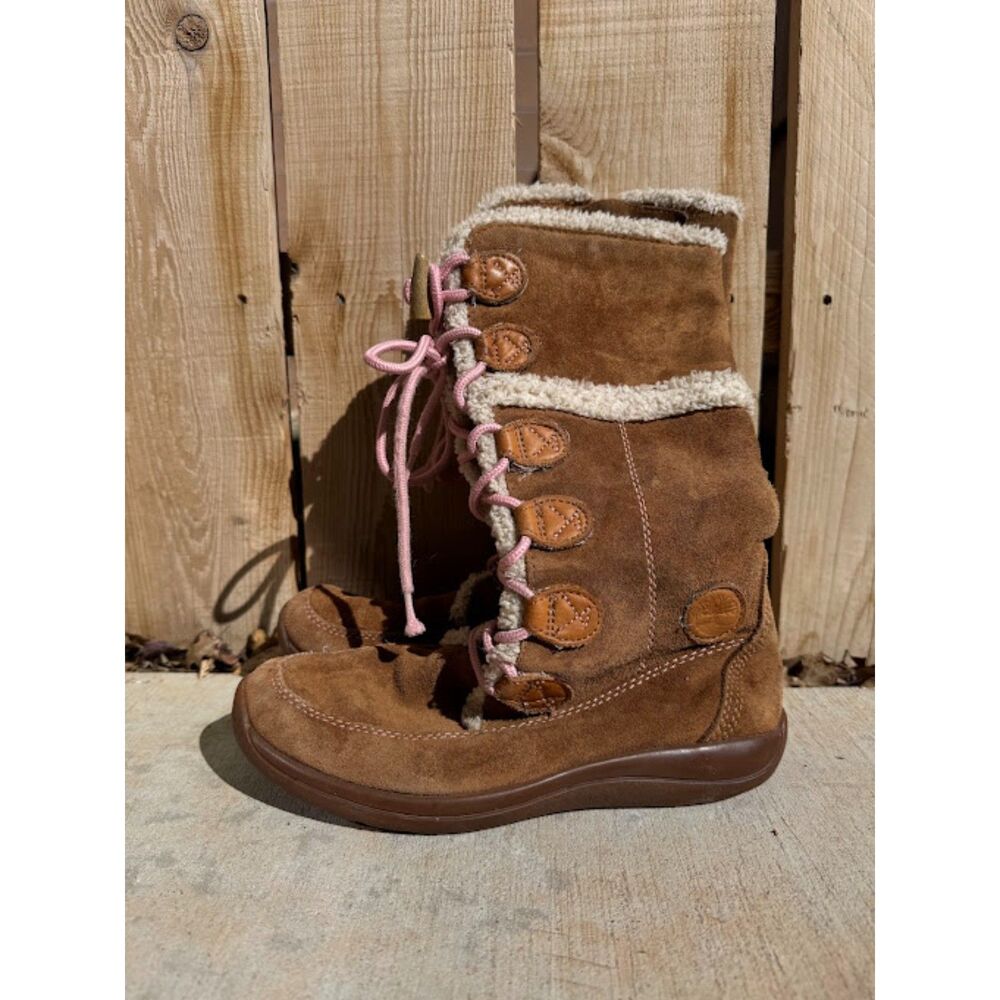 Timberland Y2K Women's Tan Sherpa Lined Pink Lace Up Moccasin Winter Booties 5